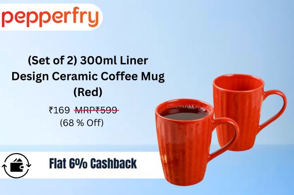 Pepperfry –(Set of 2) 300ml Liner Design Ceramic Coffee Mug (Red)